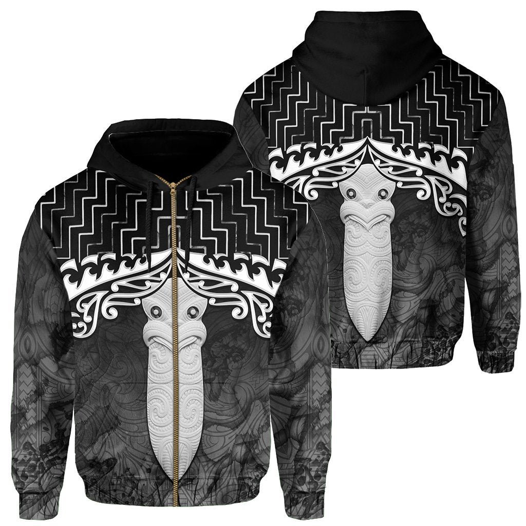 New Zealand Zip Up Hoodie, Poutama Maori Taiaha Mauri Zipper Hoodie Black - Vibe Hoodie Shop