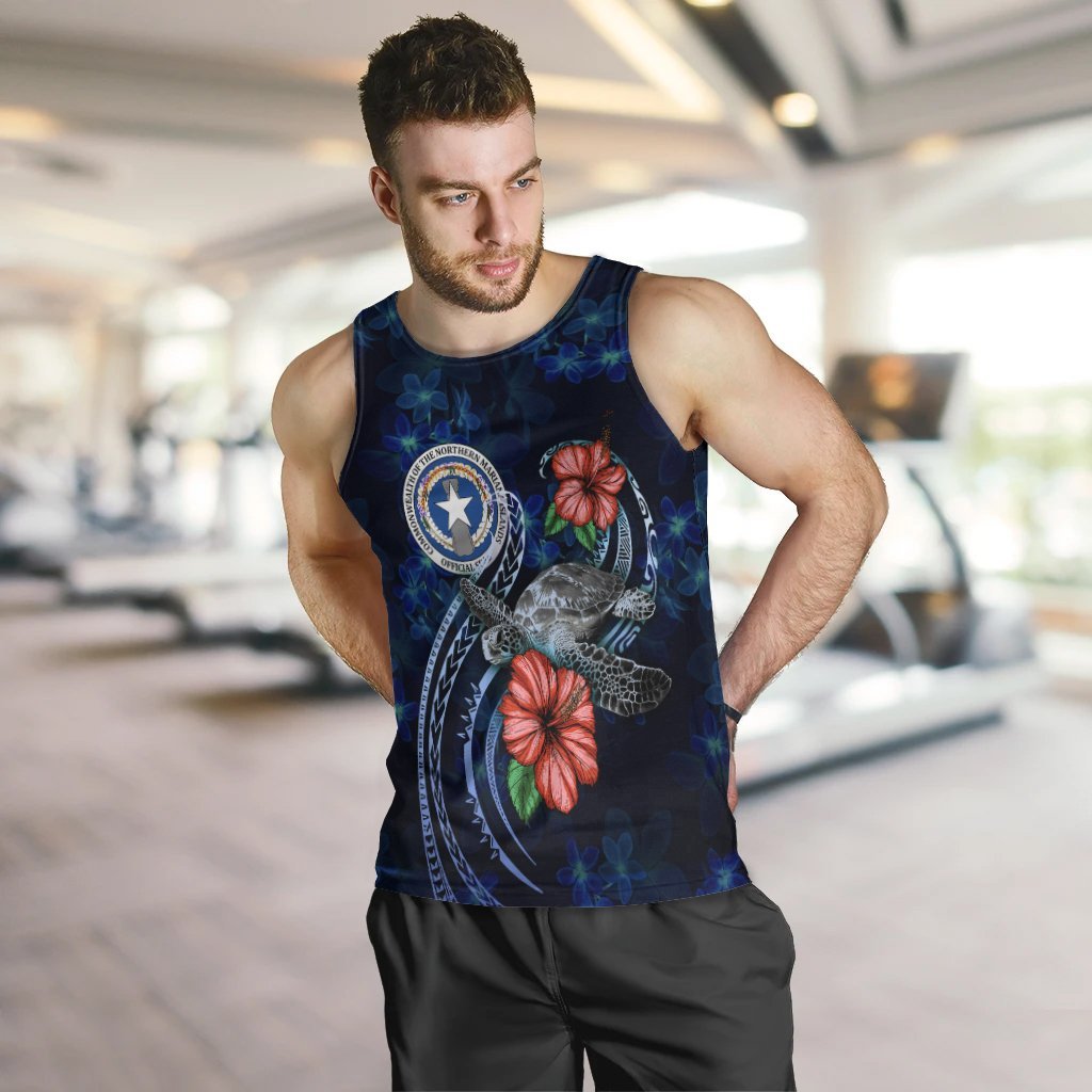 Northern Mariana Islands Polynesian Men Tank Top - Blue Turtle Hibiscus - Vibe Hoodie Shop