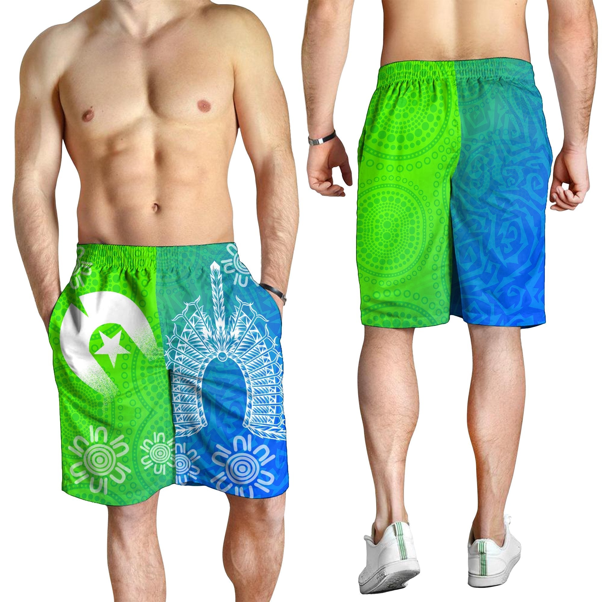 Torres Strait Islanders Men's Shorts - Dhari Mask Ocean Style - Vibe Hoodie Shop