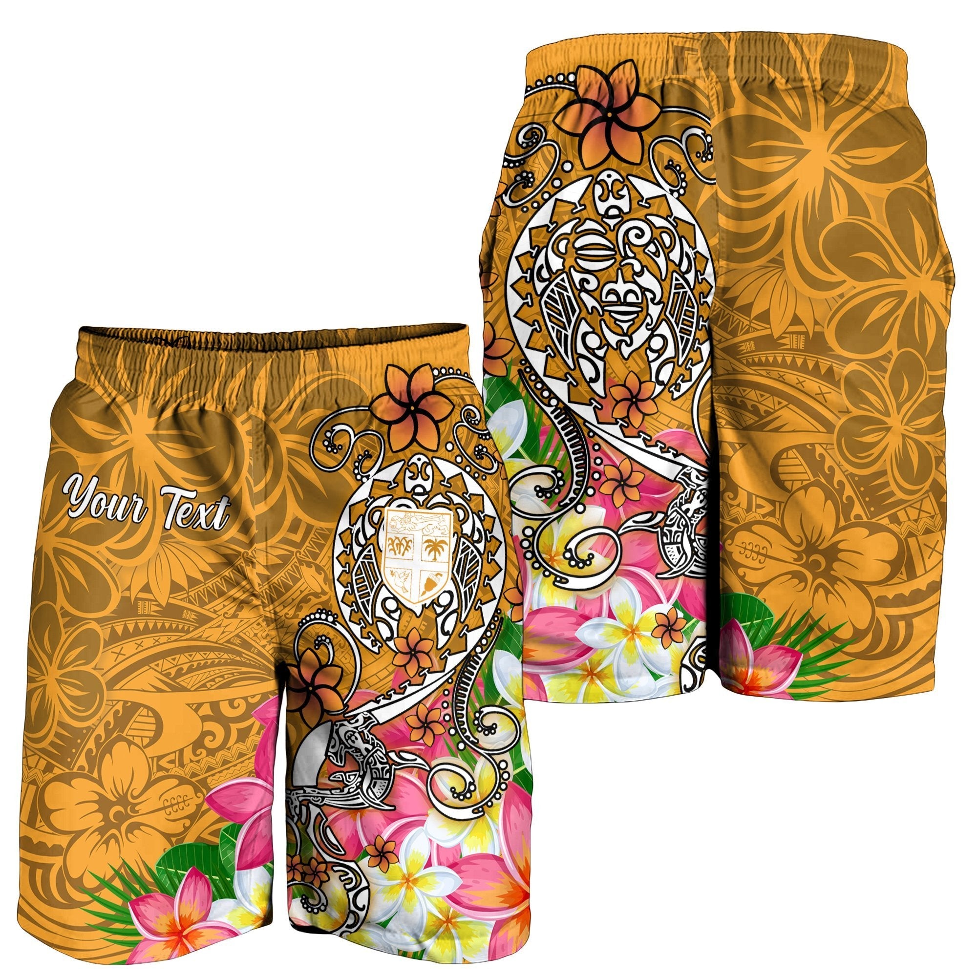 Fiji Custom Personalised Men's Shorts - Turtle Plumeria (Gold) - Vibe Hoodie Shop