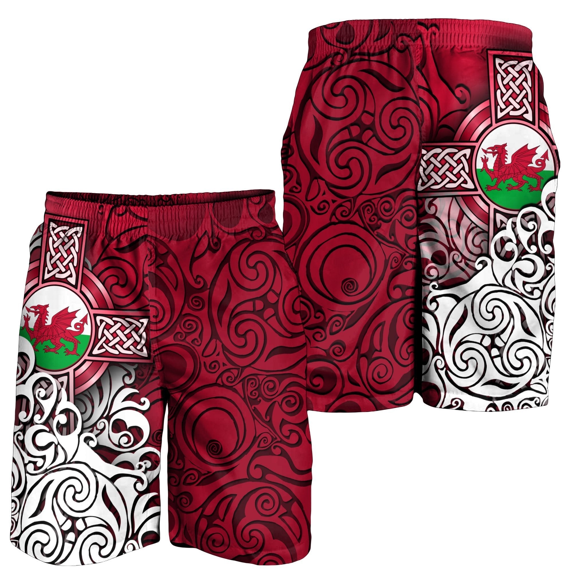 Wales Celtic Men's Shorts - Welsh Dragon Flag with Celtic Cross - Vibe Hoodie Shop