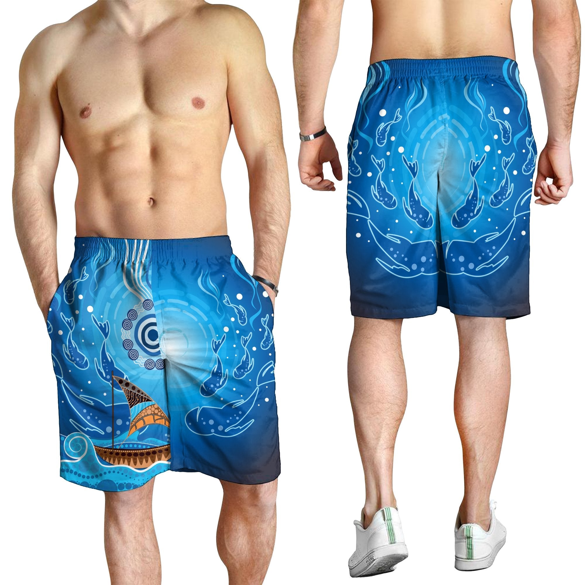 Men Short - Aboriginal View Sea With Fish And Boat - Vibe Hoodie Shop