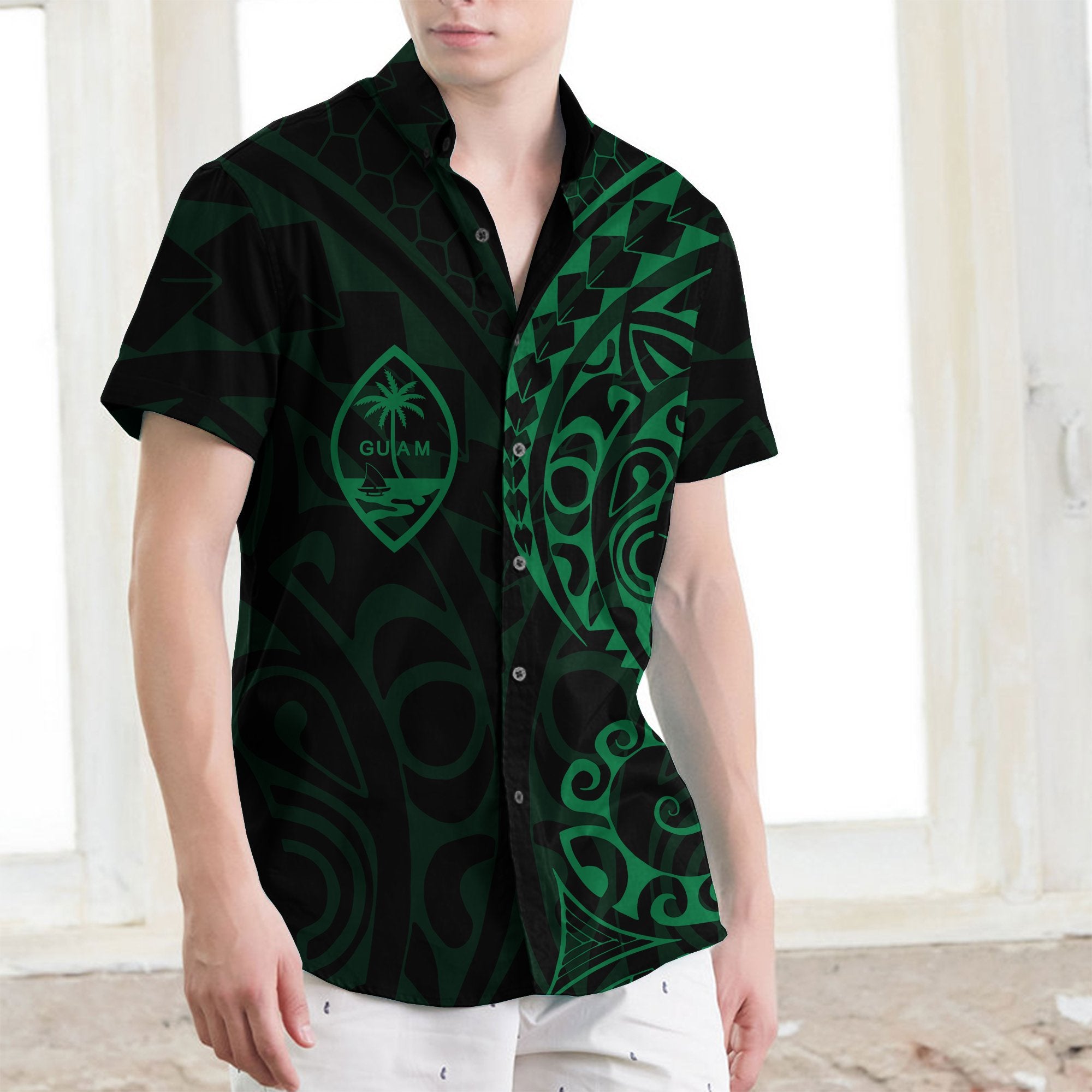 Guam Poly Short Sleeve Shirt Green - Vibe Hoodie Shop