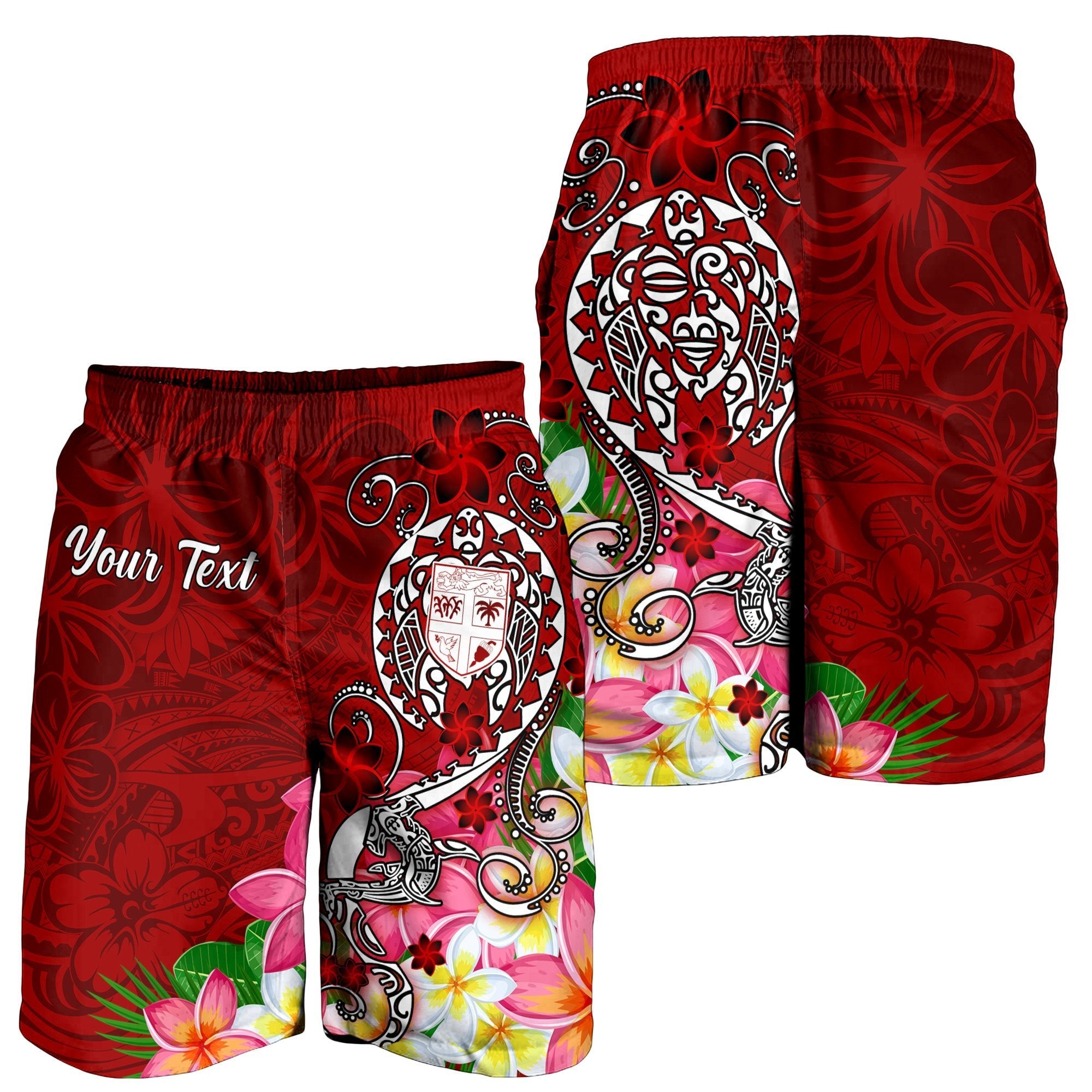 Fiji Custom Personalised Men's Shorts - Turtle Plumeria (Red) - Vibe Hoodie Shop