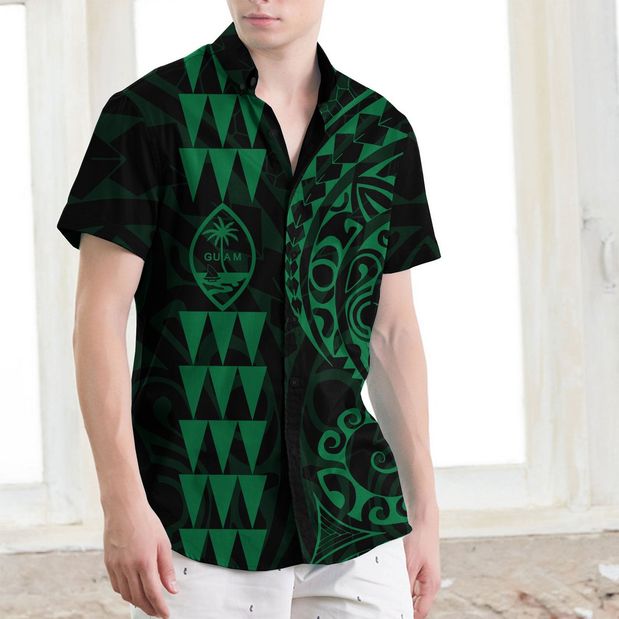 Guam Polynesian Short Sleeve Shirt Green - Vibe Hoodie Shop