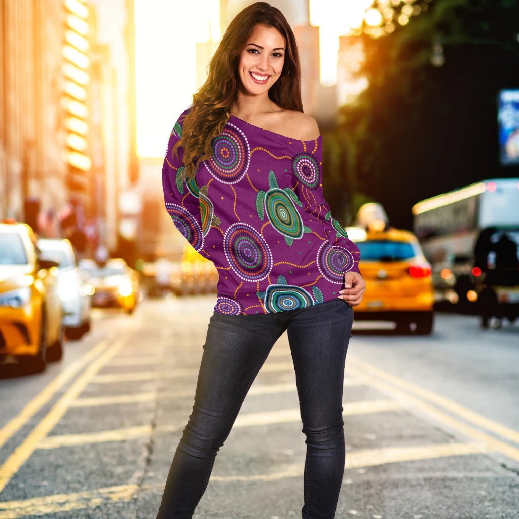 Women Off Shoulder - Aboriginal Turtle Purple Australia Dot Patterns - Vibe Hoodie Shop