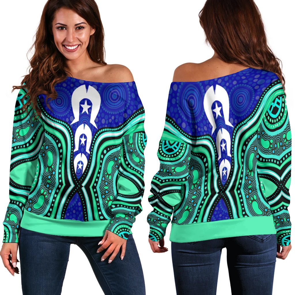 Torres Strait Women's Off Shoulder Sweater - Torres Strait Symbol And Aboriginal Patterns - Vibe Hoodie Shop