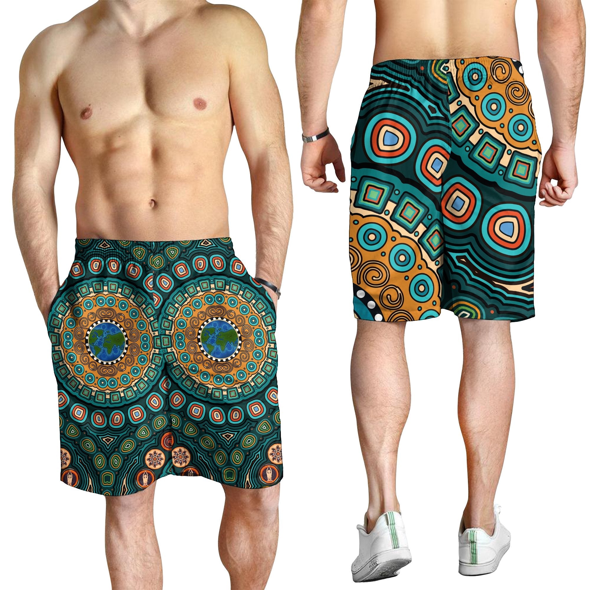 Men's Shorts - Aboriginal Green Dot Painting With Earth - Vibe Hoodie Shop