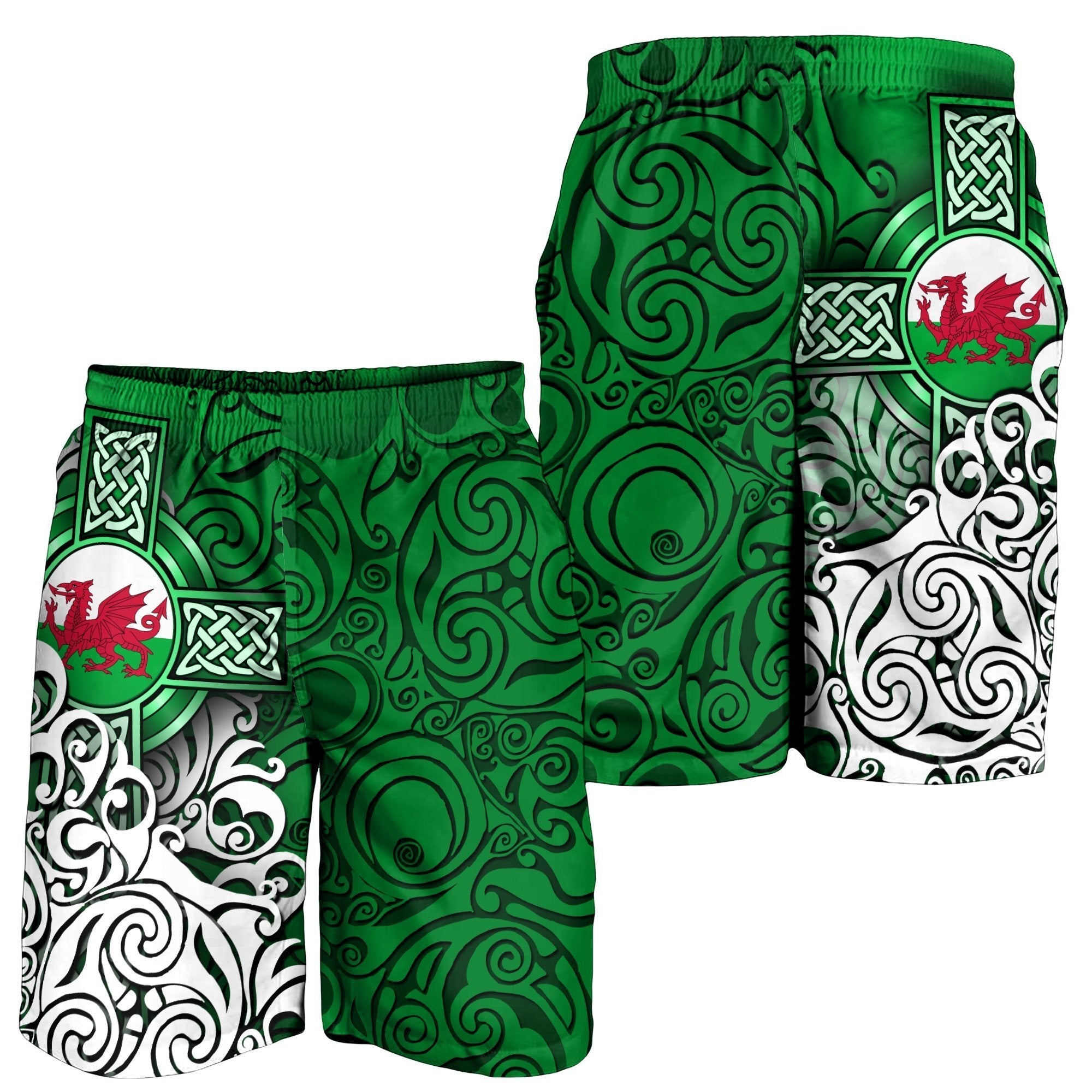 Wales Celtic Men Short - Welsh Dragon Flag with Celtic Cross (Green) - Vibe Hoodie Shop