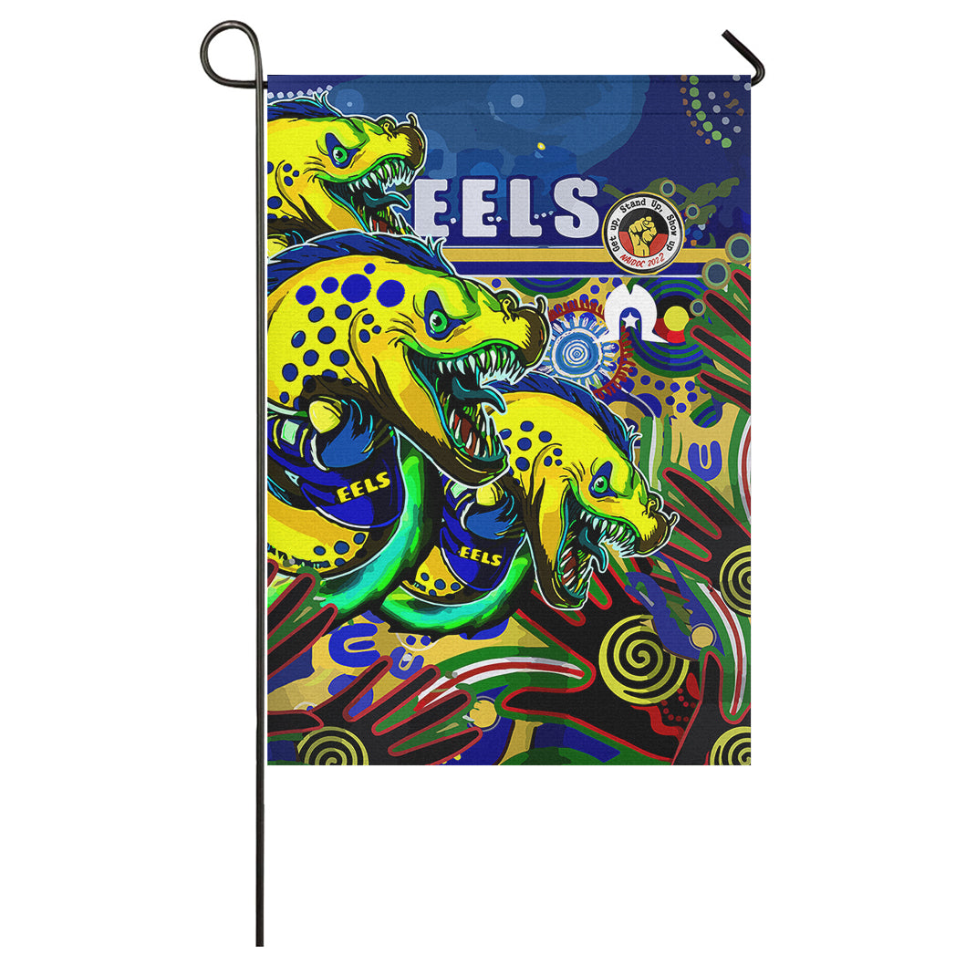 Eels Rugby Naidoc Week Flag - Custom Eels Getting Up, Standing Up, and Showing Up Flag - Vibe Hoodie Shop