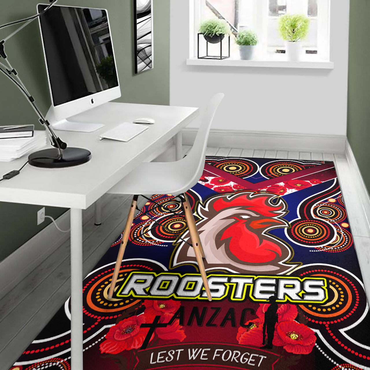 Roosters Rugby Area Rug - Aboriginal Rooster ANZAC Day Lest We Forget With Poppy Flower Patterns Area Rug RLT12 - Vibe Hoodie Shop