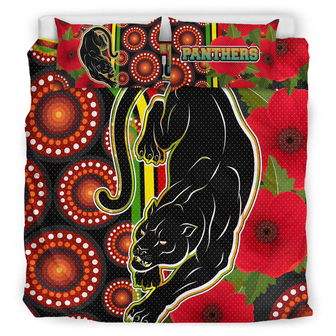 Panthers Rugby Bedding Set - Aboriginal Panthers ANZAC Day Panther With Poppy Flower Bedding Set RLT12 - Vibe Hoodie Shop