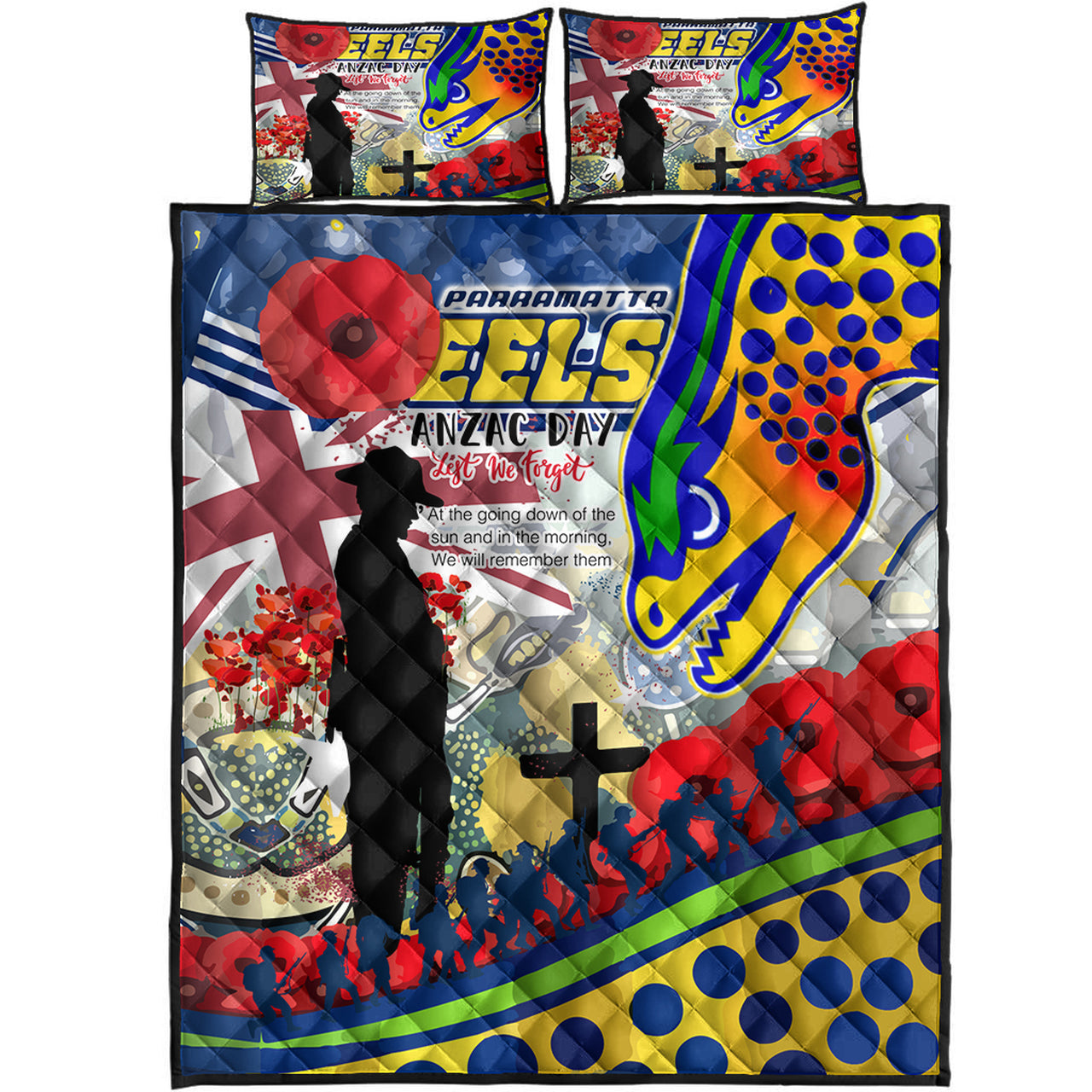 Eels Rugby Australia ANZAC Day Lest We Forget Custom Quilt Bed Set - Remembrance Eels With ANZAC Poppy Watercolour Style RLT13 - Vibe Hoodie Shop