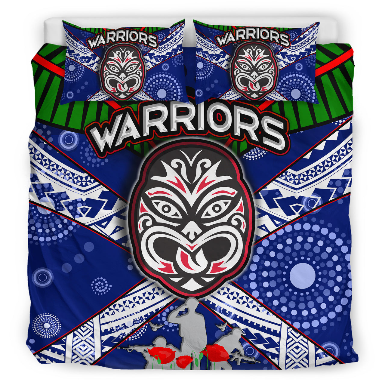 Warriors Rugby Bedding Set - Aboriginal Dot Art ANZAC Day Warriors With Poppy Flower Patterns Bedding Set RLT12 - Vibe Hoodie Shop