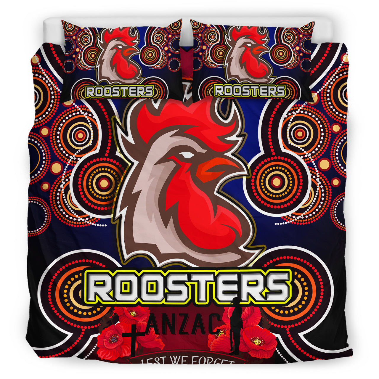 Roosters Rugby Bedding Set - Aboriginal Rooster ANZAC Day Lest We Forget With Poppy Flower Patterns Bedding Set RLT12 - Vibe Hoodie Shop