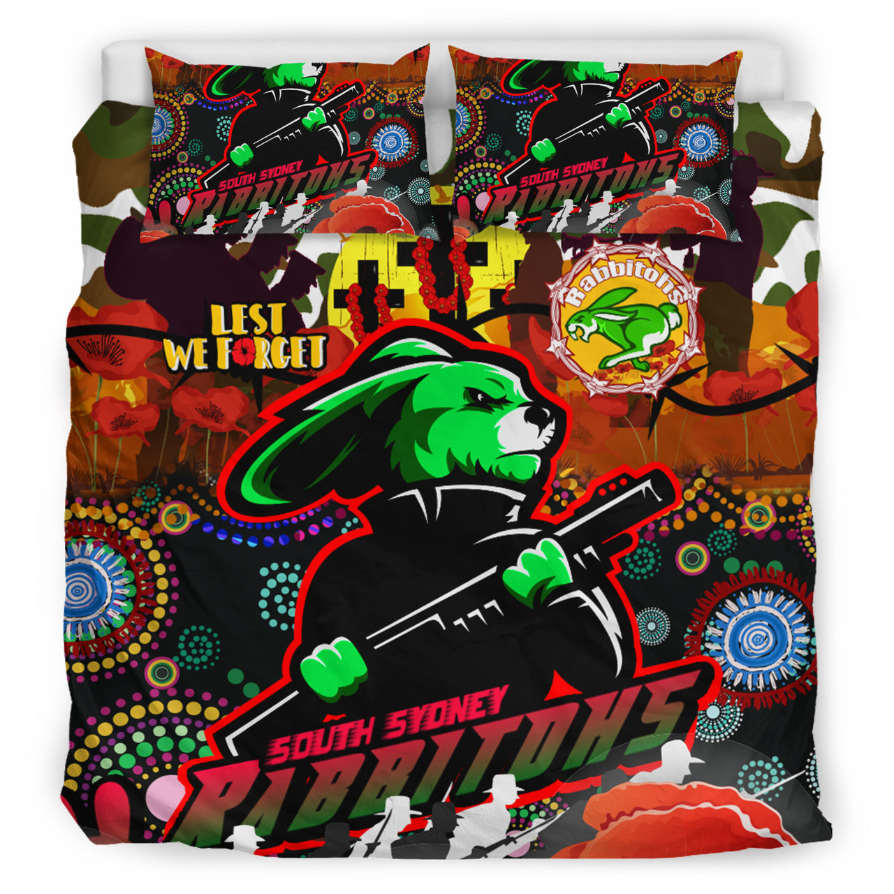 Rabbitohs Rugby Custom Camouflage ANZAC Poppy Bedding Set - Souths ANZAC Lest We Forget Spirit RLT13 - Vibe Hoodie Shop