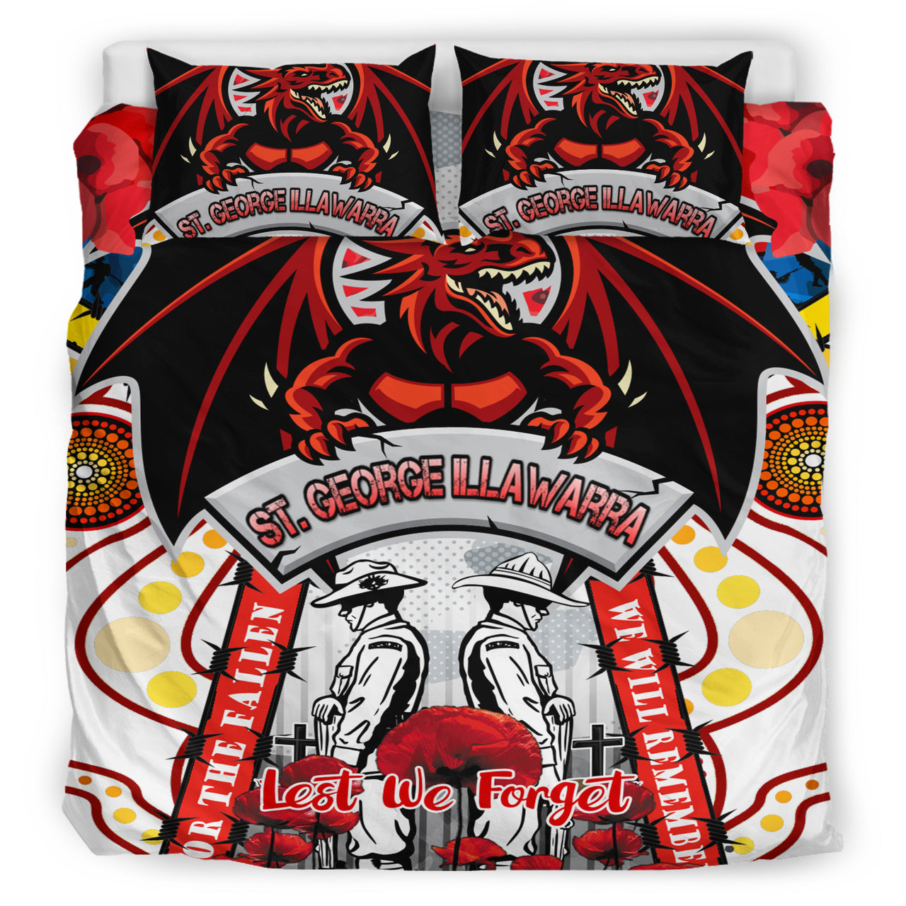 St. George Rugby ANZAC Day Watercolour Custom Bedding Set - Remembrance Dragons With Poppy Flower RLT13 - Vibe Hoodie Shop
