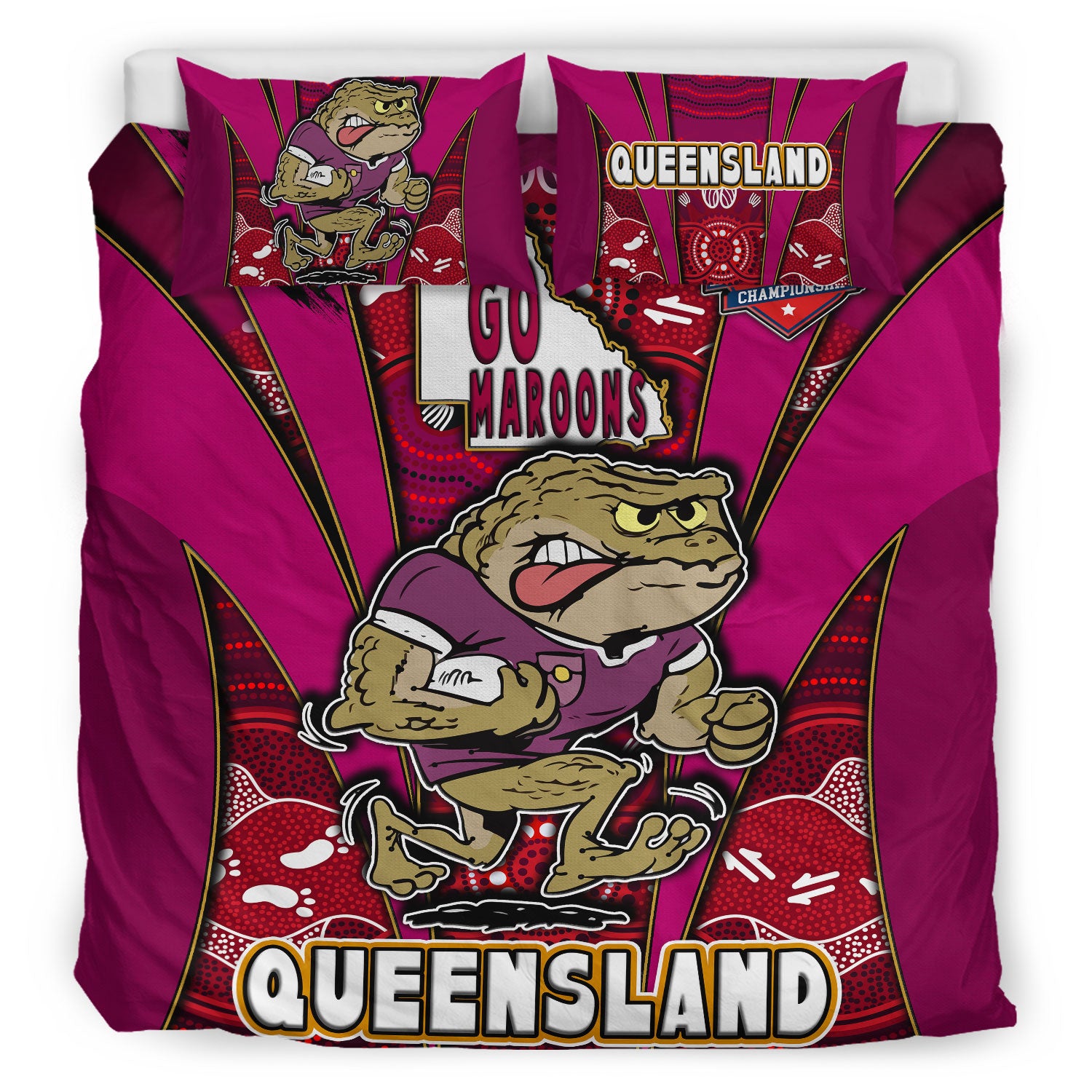 Queensland Rugby League Team Bedding Set - Queensland Maroons Mascot With Aboriginal Art STATE OF ORIGIN Bedding Set - Vibe Hoodie Shop