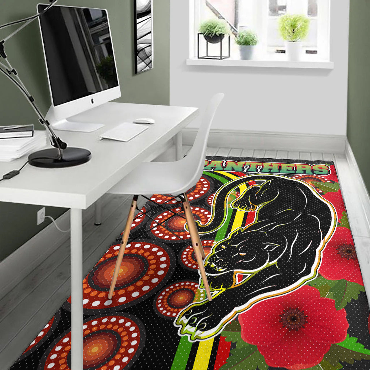 Panthers Rugby Area Rug - Aboriginal Panthers ANZAC Day Panther With Poppy Flower Area Rug RLT12 - Vibe Hoodie Shop