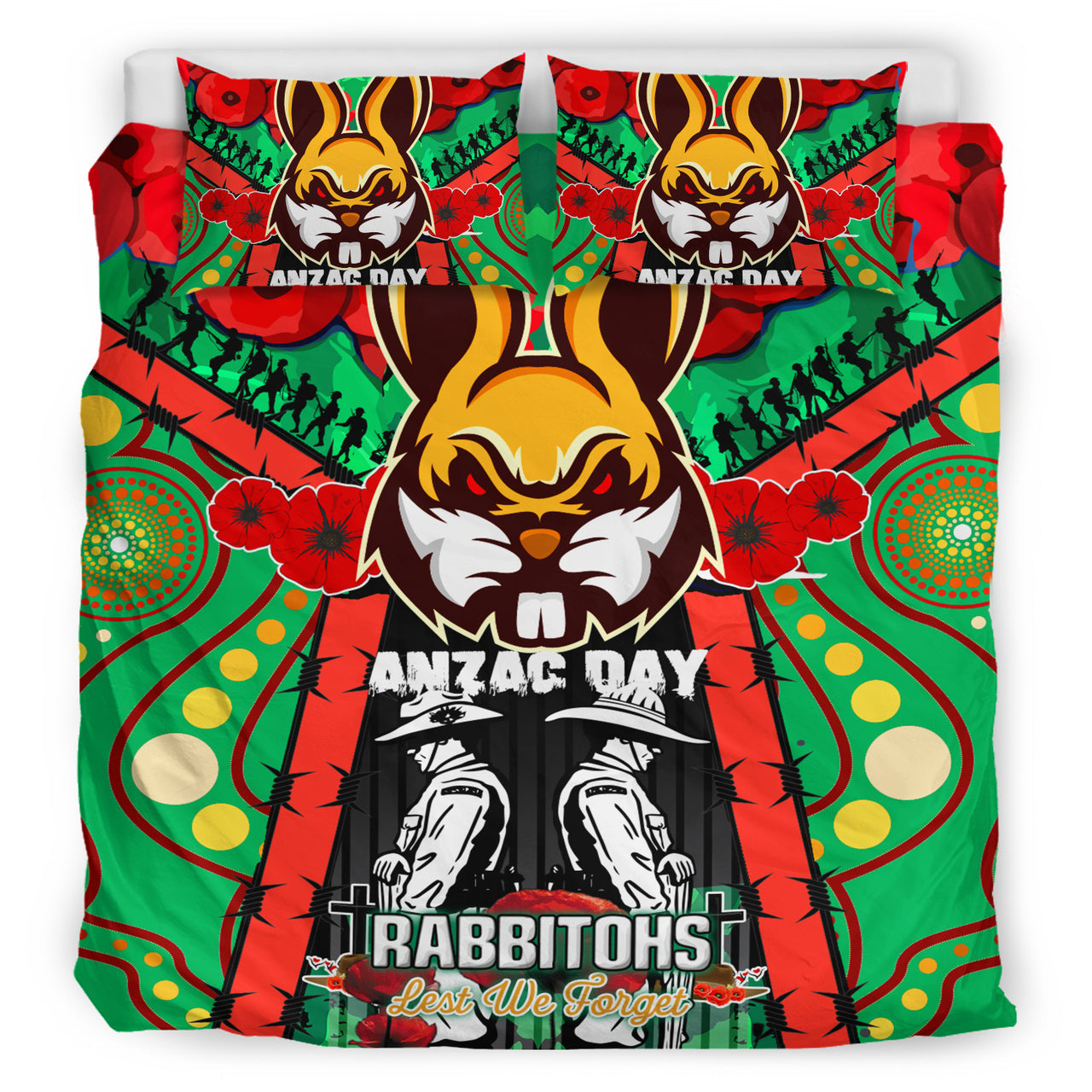 Rabbitohs Rugby Aboriginal ANZAC Day Custom Watercolour Bedding Set - Remembrance Indigenous Rabbitohs With Poppy Flower RLT13 - Vibe Hoodie Shop
