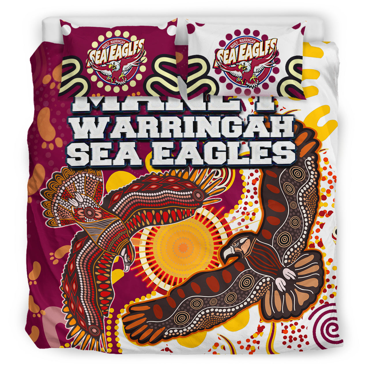 Sea Eagles Aboriginal Rugby Bedding Set - Double Sea Eagles With Tribal Sun And Footprints RLT13 - Vibe Hoodie Shop