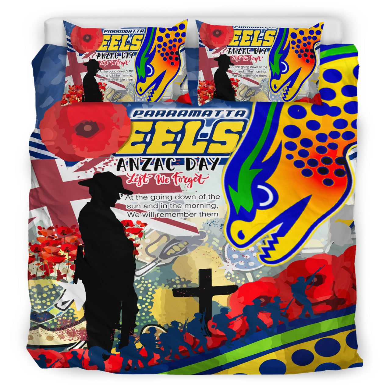 Eels Rugby Australia ANZAC Day Lest We Forget Custom Bedding Set - Remembrance Eels With ANZAC Poppy Watercolour Style RLT13 - Vibe Hoodie Shop