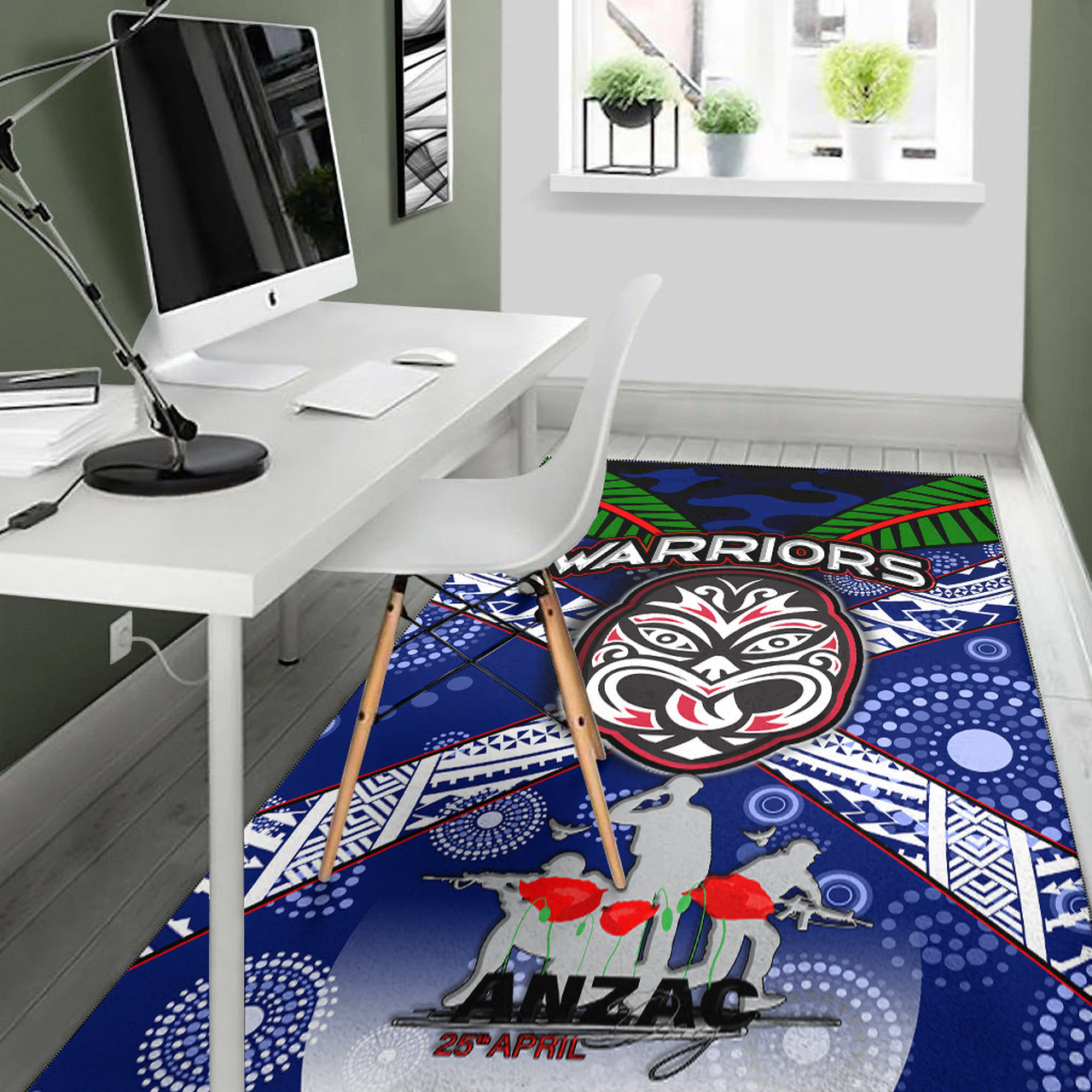 Warriors Rugby Area Rug - Aboriginal Dot Art ANZAC Day Warriors With Poppy Flower Patterns Area Rug RLT12 - Vibe Hoodie Shop