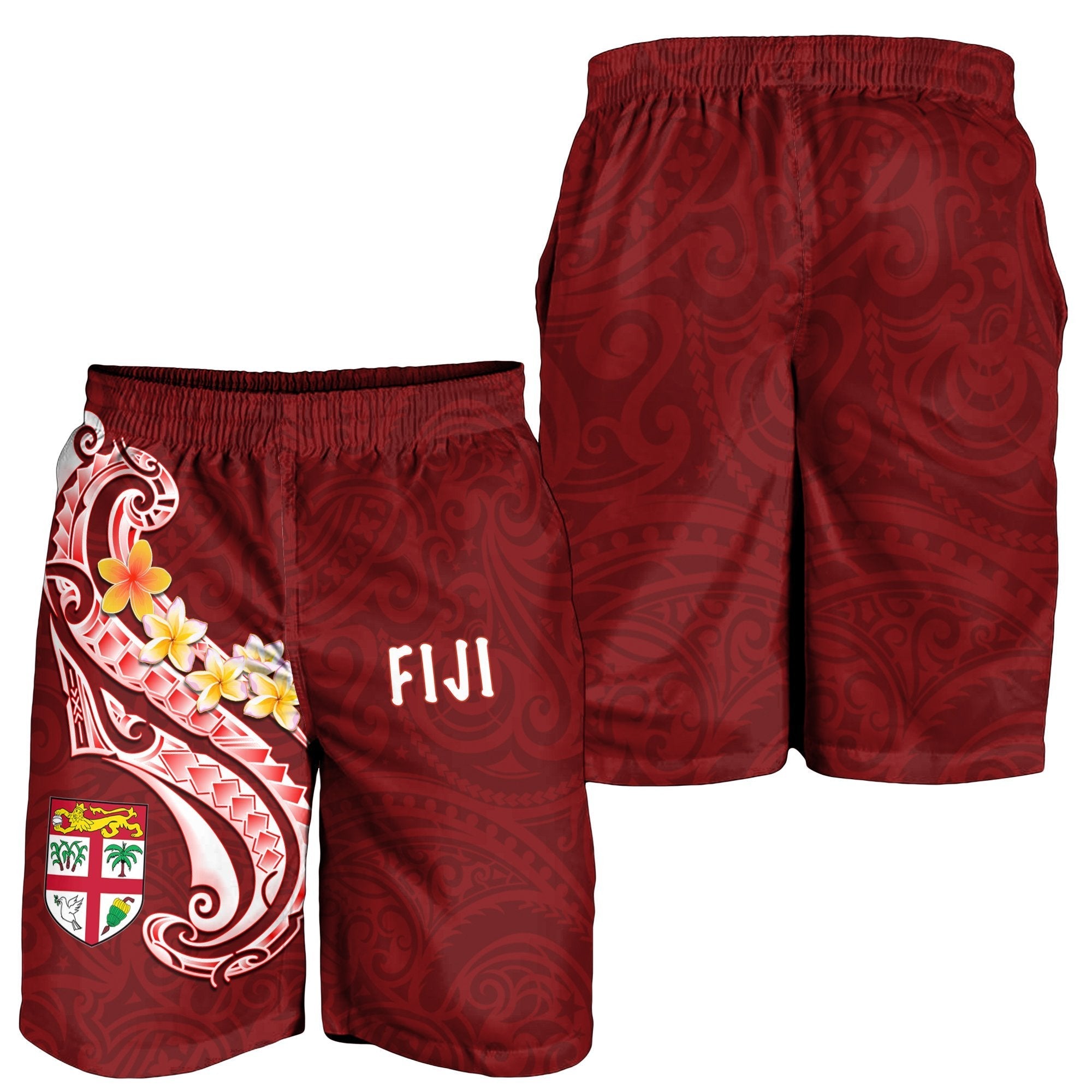 Fiji Men's Short - Fiji Seal Polynesian Patterns Plumeria (Red) - Vibe Hoodie Shop