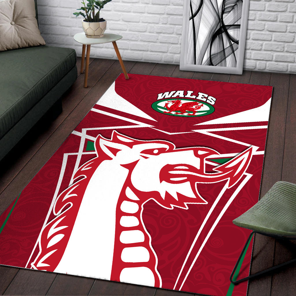 Wales Rugby Area Rug - Celtic Welsh Dragon With Triskelion - - Vibe Hoodie Shop