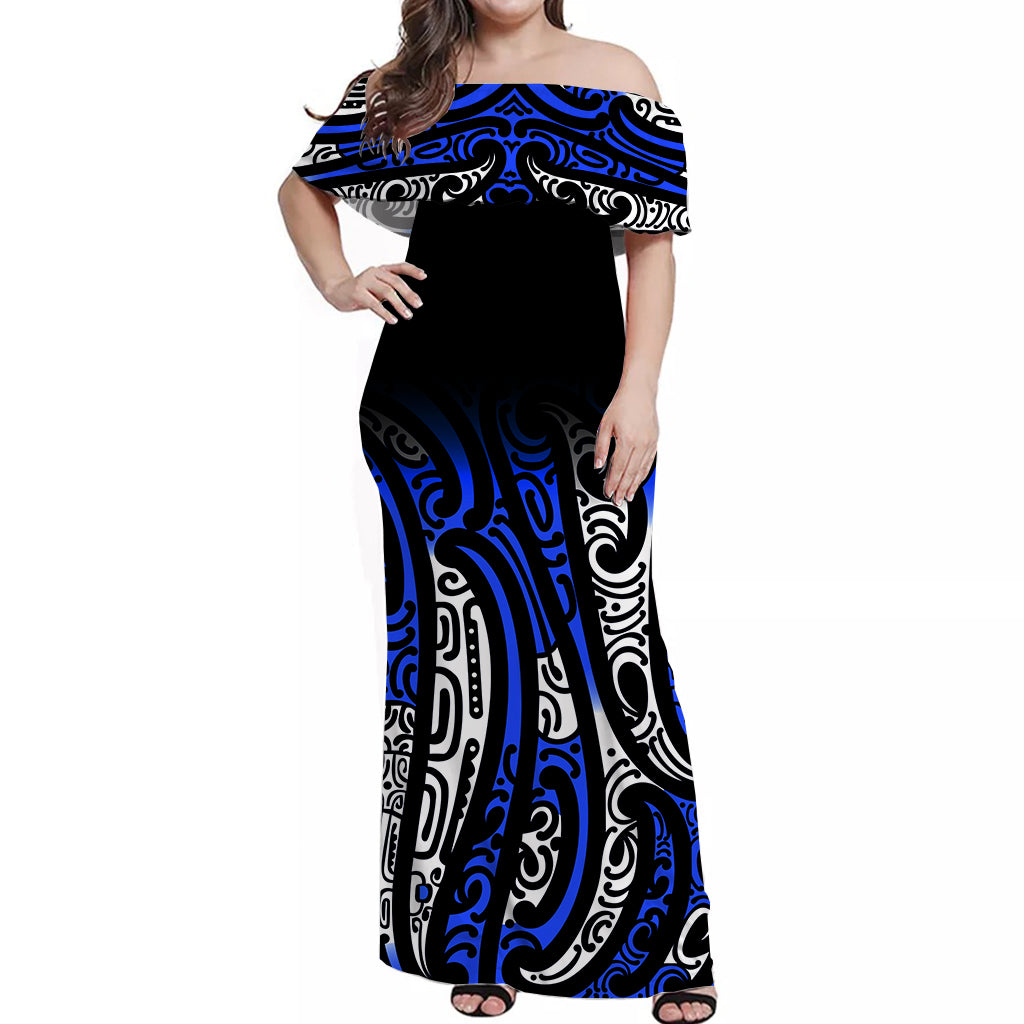 New Zealand Off Shoulder Long Dress Maori NZ Unique Blue - Vibe Hoodie Shop