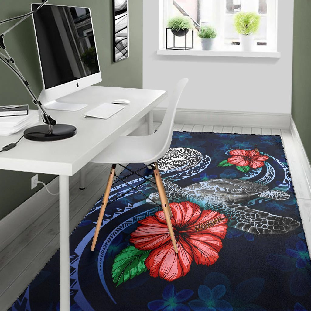 American Samoa Polynesian Area Rug - Blue Turtle Hibiscus - Vibe Hoodie Shop