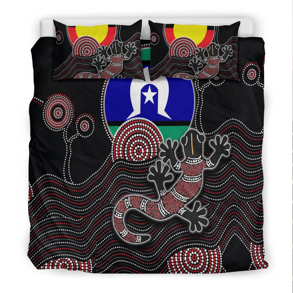 Aboriginal Bedding Set - Gecko with Torres Strait Islanders Flag - Vibe Hoodie Shop