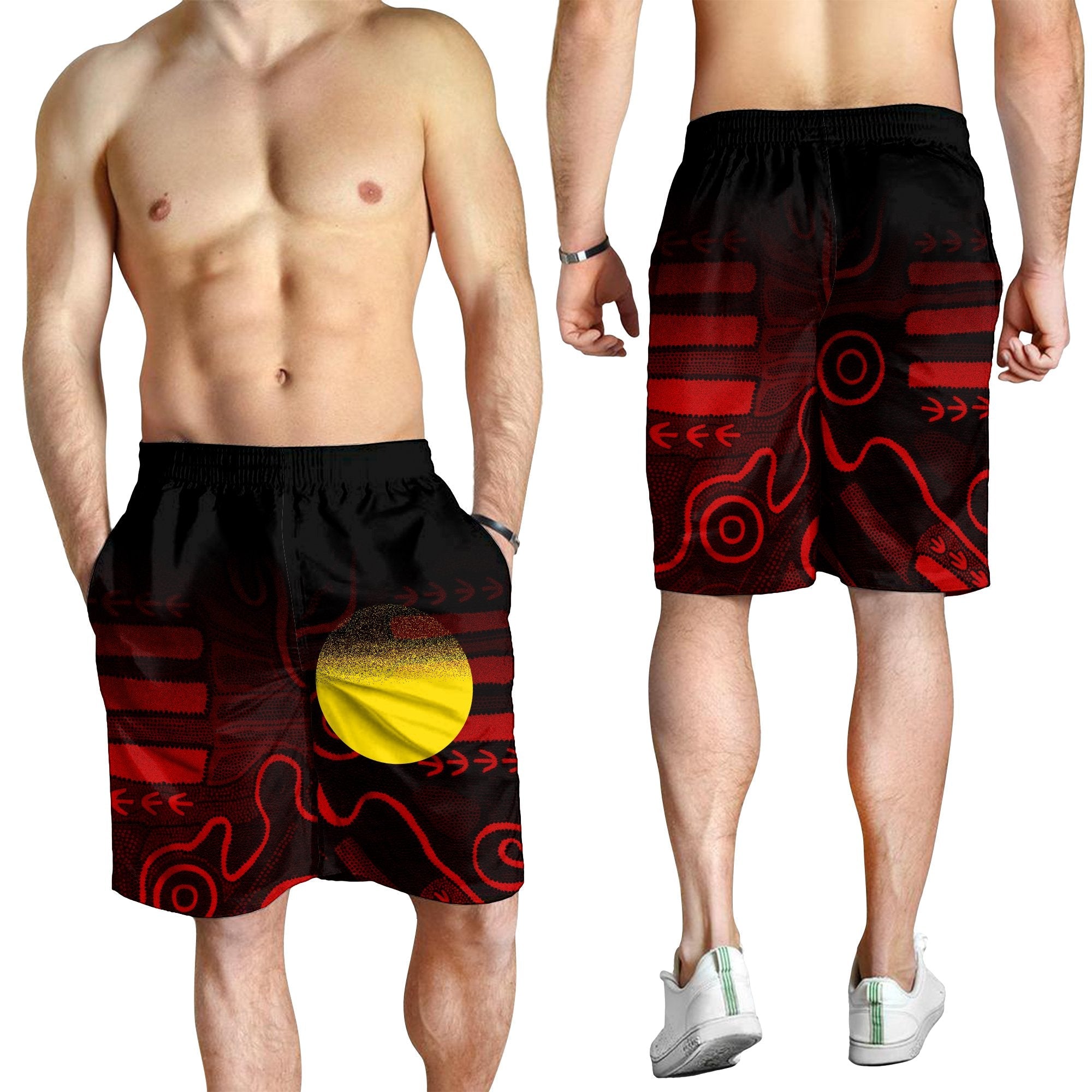 Aboriginal Men's Shorts - Indigenous Flag Grunge Style - Vibe Hoodie Shop