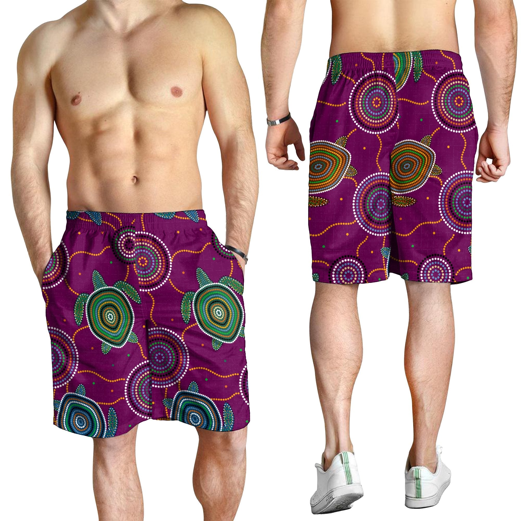 Men Short - Aboriginal Turtle Purple Australia Dot Patterns - Vibe Hoodie Shop