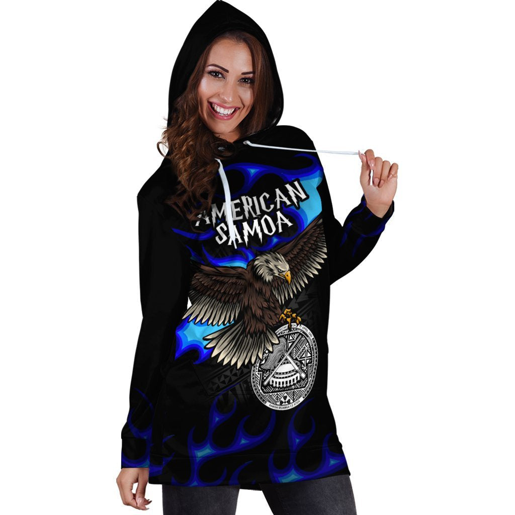 American Samoa Polynesian Hoodie Dress - Eagle With Flame Blue - Vibe Hoodie Shop