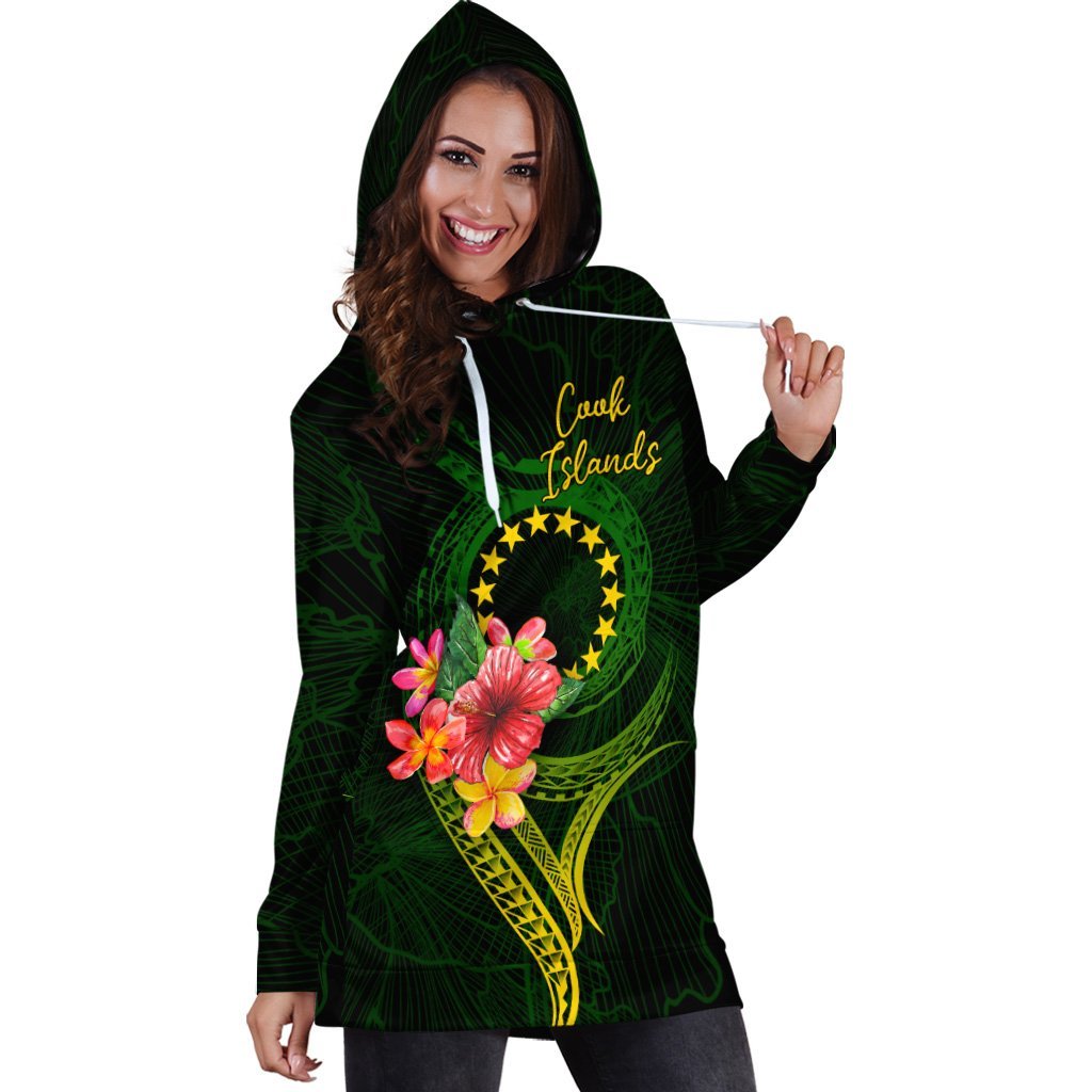 Cook Islands Polynesian Hoodie Dress - Floral With Seal Flag Color - Vibe Hoodie Shop