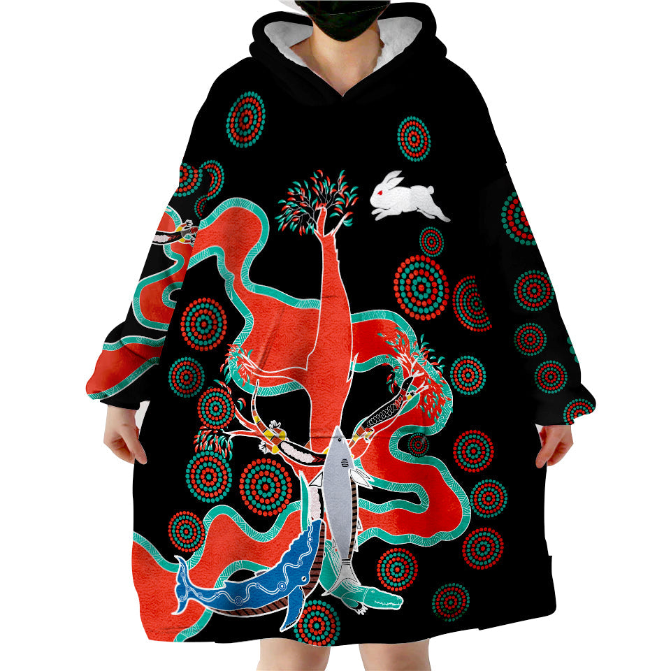 Rabbitohs Wearable Blanket Hoodie Go The Bunnies Aboriginal - Vibe Hoodie Shop