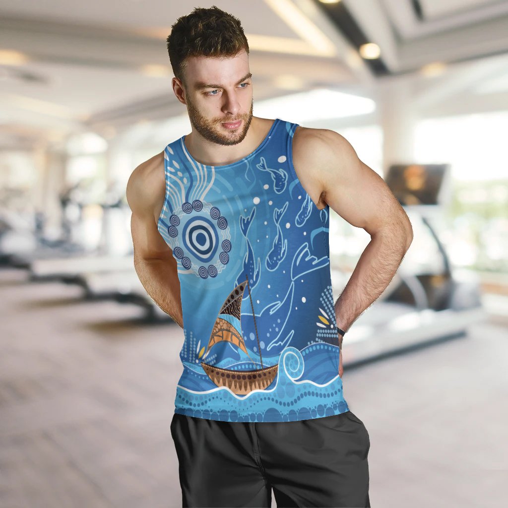 Men Tank Top - Aboriginal View Sea With Fish And Boat - Vibe Hoodie Shop