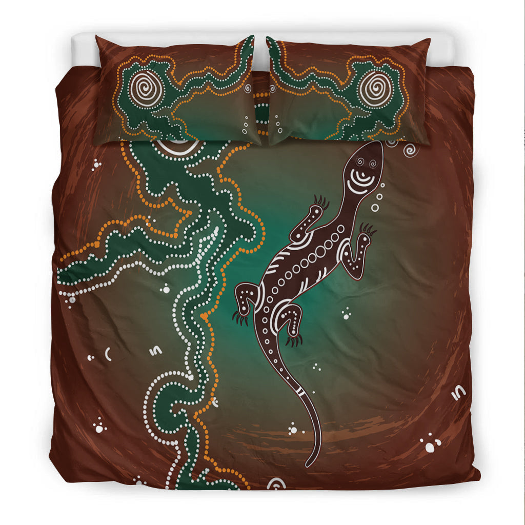 Aboriginal Lizard Bedding Set - Indigenous Dot Painting Art - - Vibe Hoodie Shop