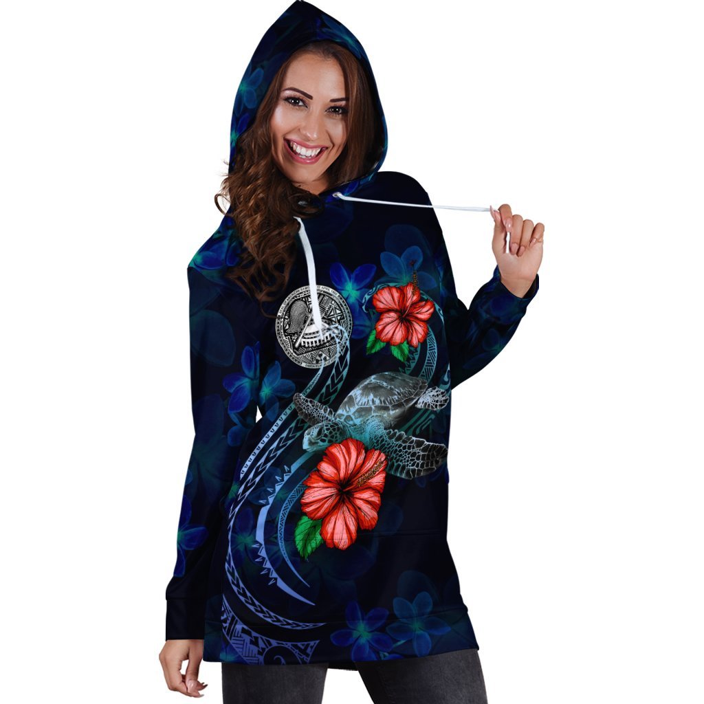 American Samoa Polynesian Hoodie Dress - Blue Turtle Hibiscus - Vibe Hoodie Shop