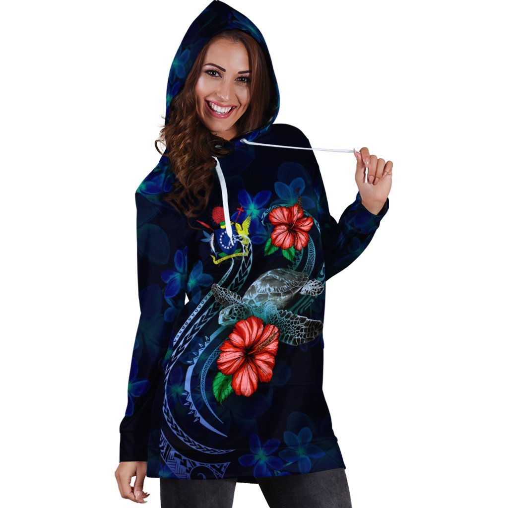 Cook Islands Polynesian Hoodie Dress - Blue Turtle Hibiscus - Vibe Hoodie Shop