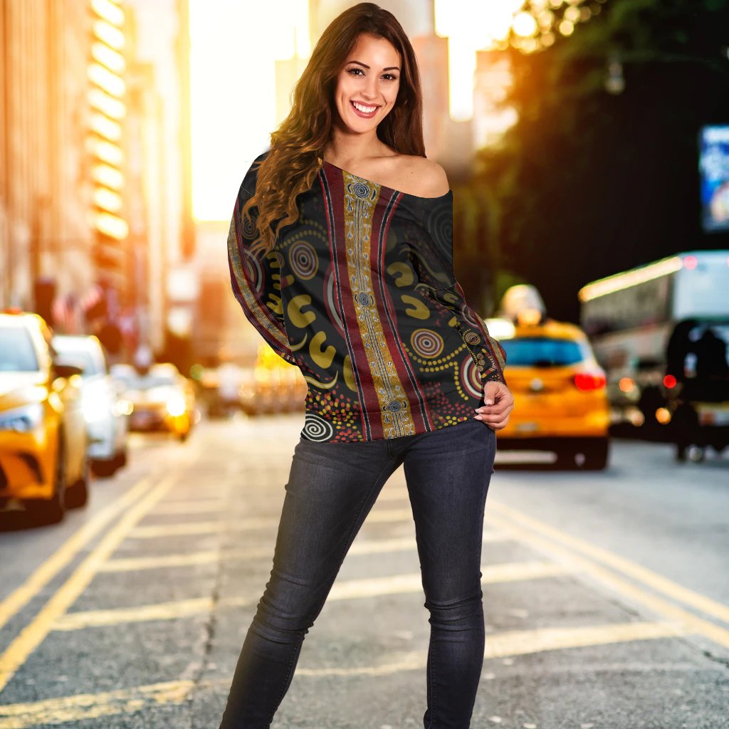Women Off Shoulder - Aboriginal Dot Panting Art Stripe Lines - Vibe Hoodie Shop
