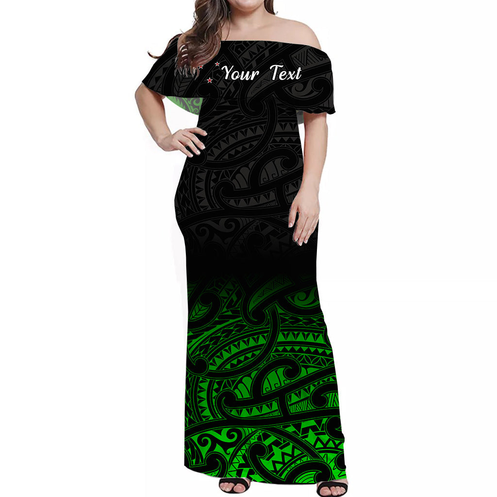 (Custom Personalised) New Zealand Off Shoulder Long Dress Maori Pattern Green - Vibe Hoodie Shop