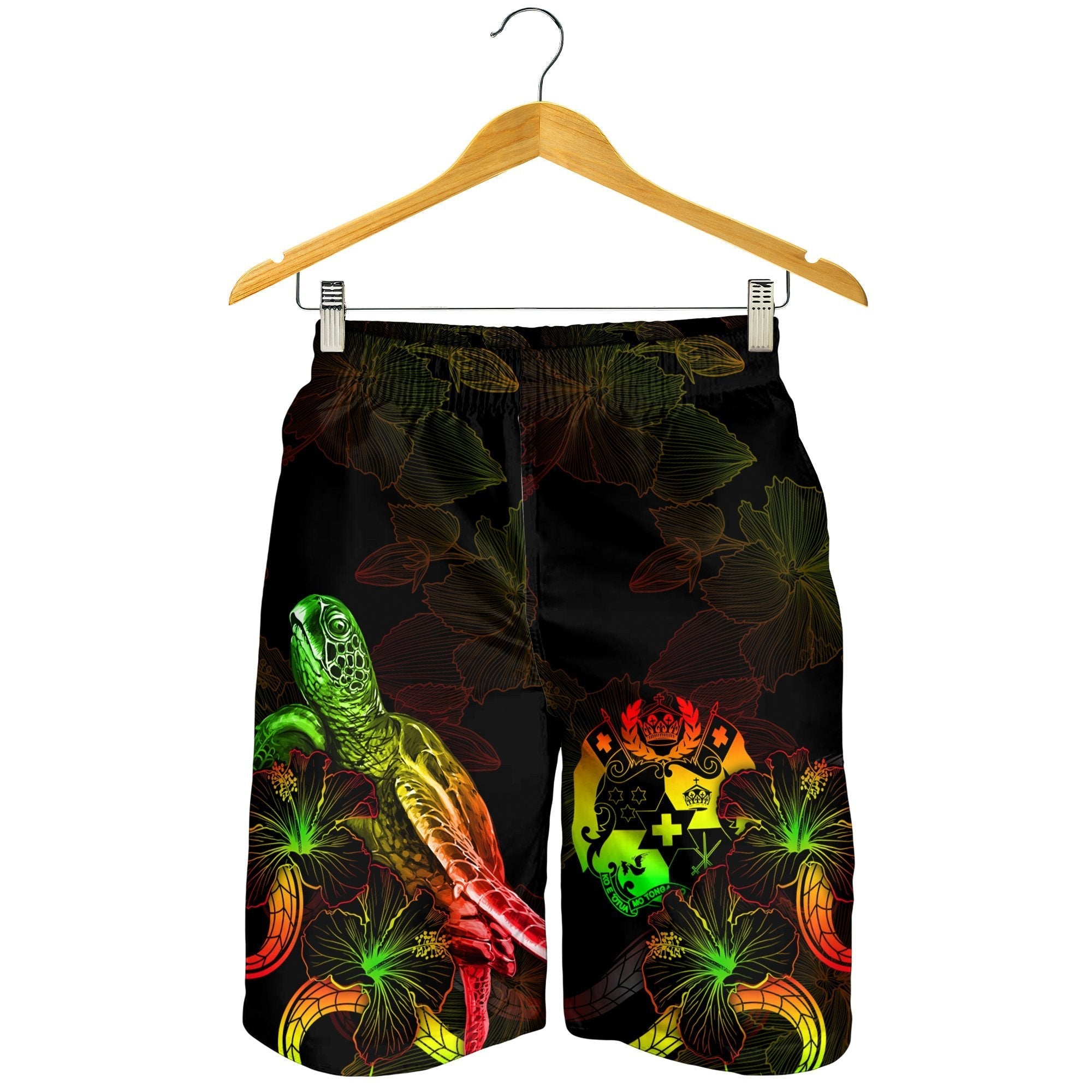 Tonga Polynesian Men's Shorts - Turtle With Blooming Hibiscus Reggae - Vibe Hoodie Shop