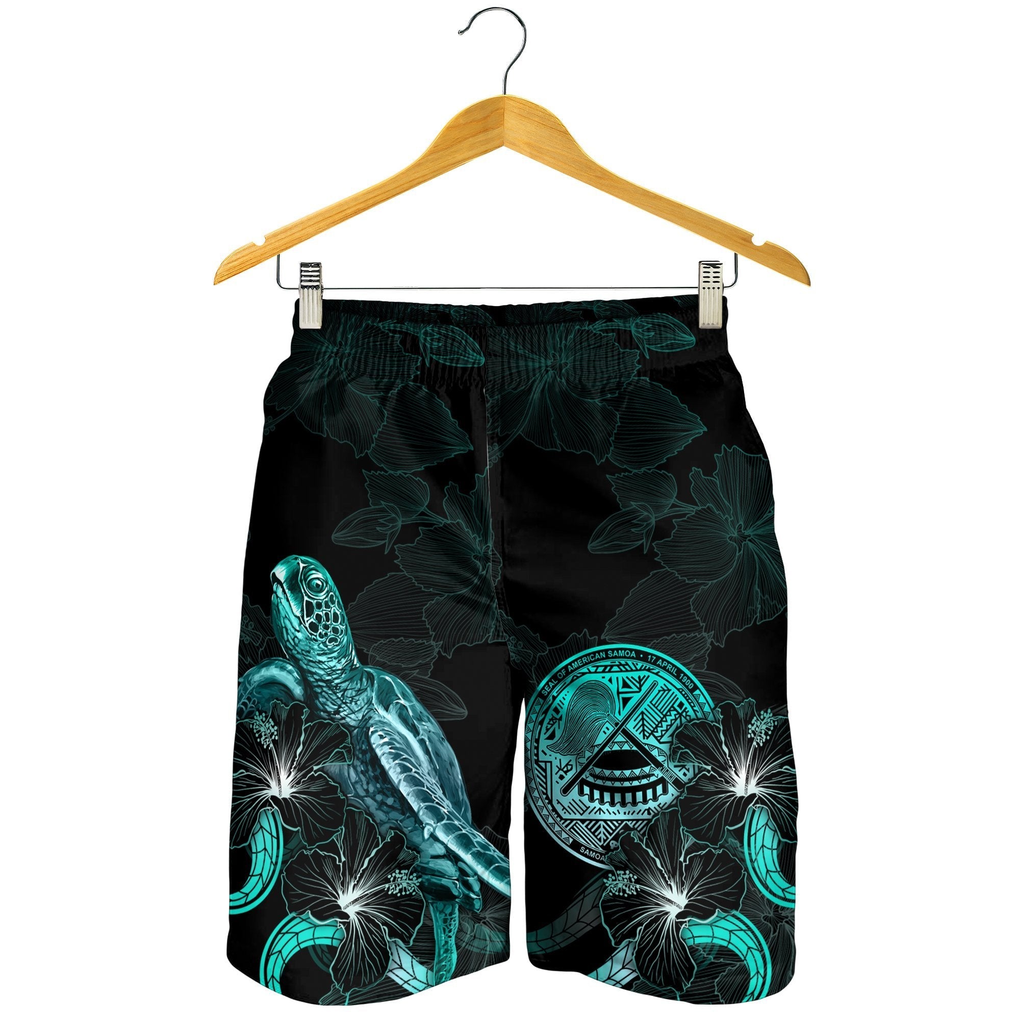 American Samoa Polynesian Men's Shorts - Turtle With Blooming Hibiscus Turquoise - Vibe Hoodie Shop