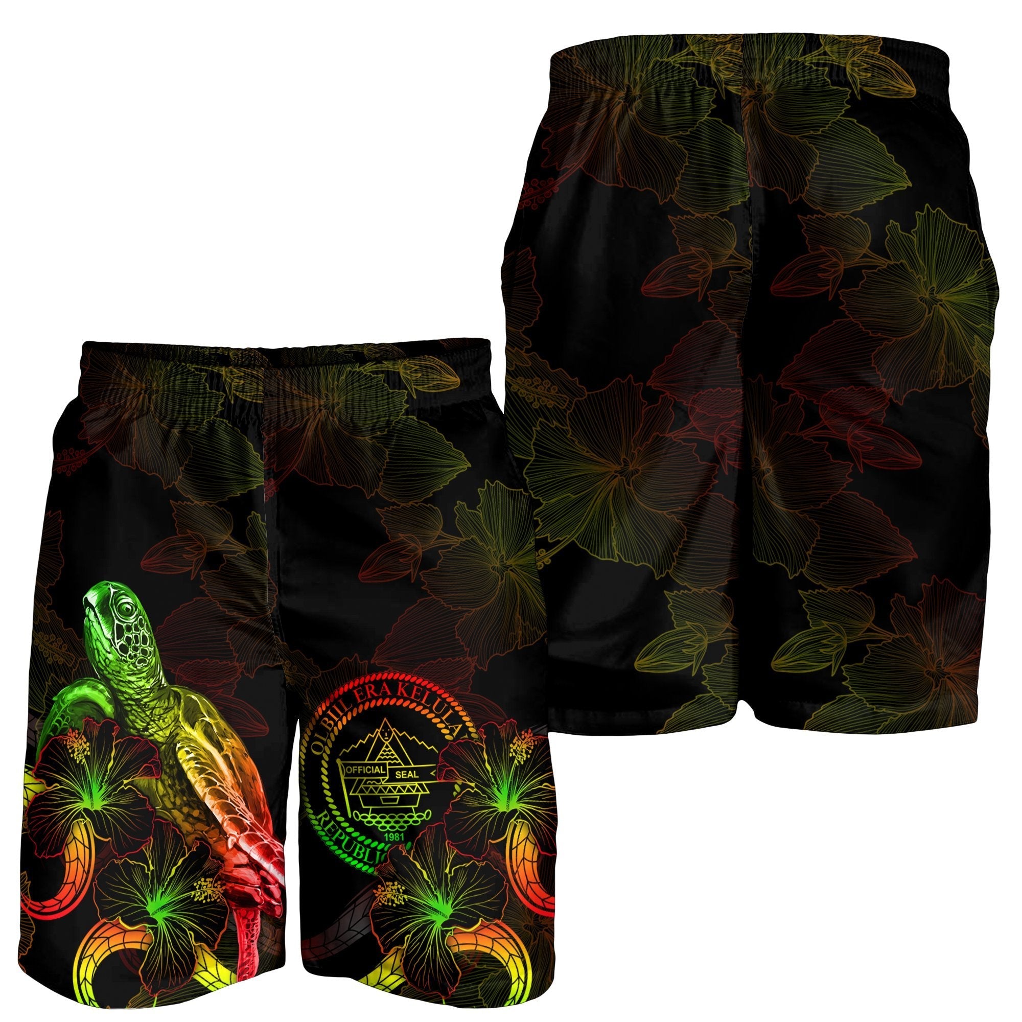 Palau Polynesian Men's Shorts - Turtle With Blooming Hibiscus Reggae - Vibe Hoodie Shop