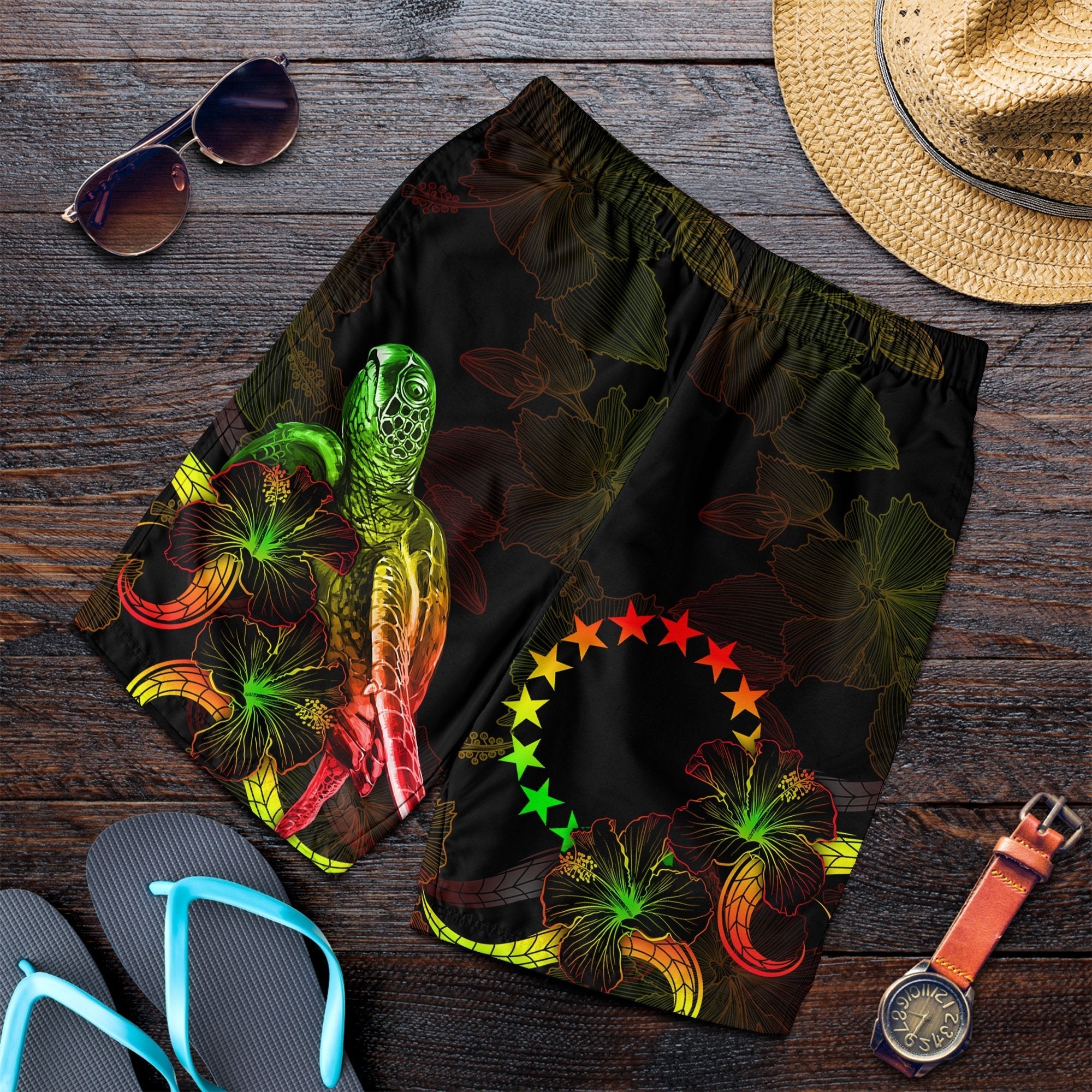 Cook Islands Polynesian Men's Shorts - Turtle With Blooming Hibiscus Reggae - Vibe Hoodie Shop