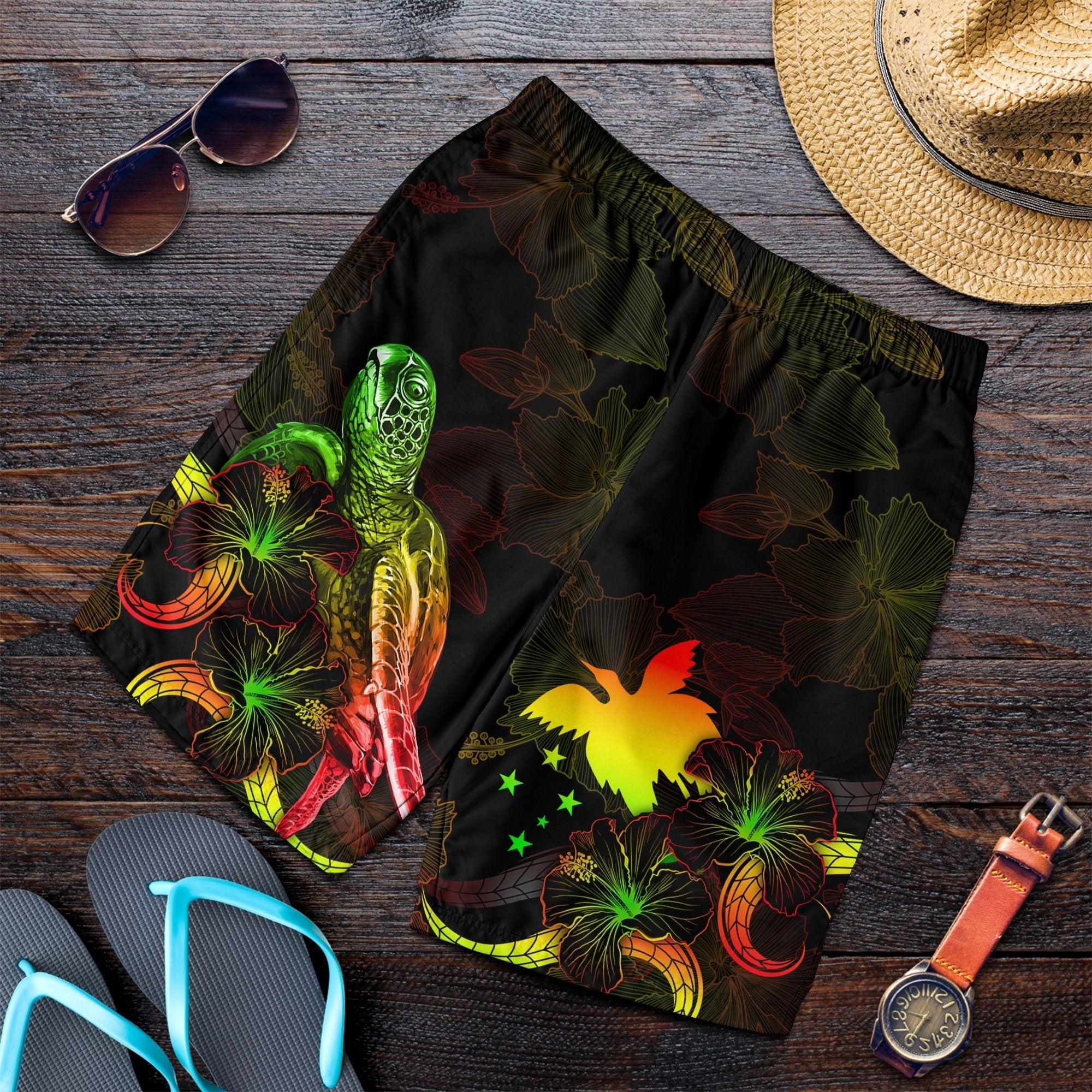 Papua New Guinea Polynesian Men's Shorts - Turtle With Blooming Hibiscus Reggae - Vibe Hoodie Shop