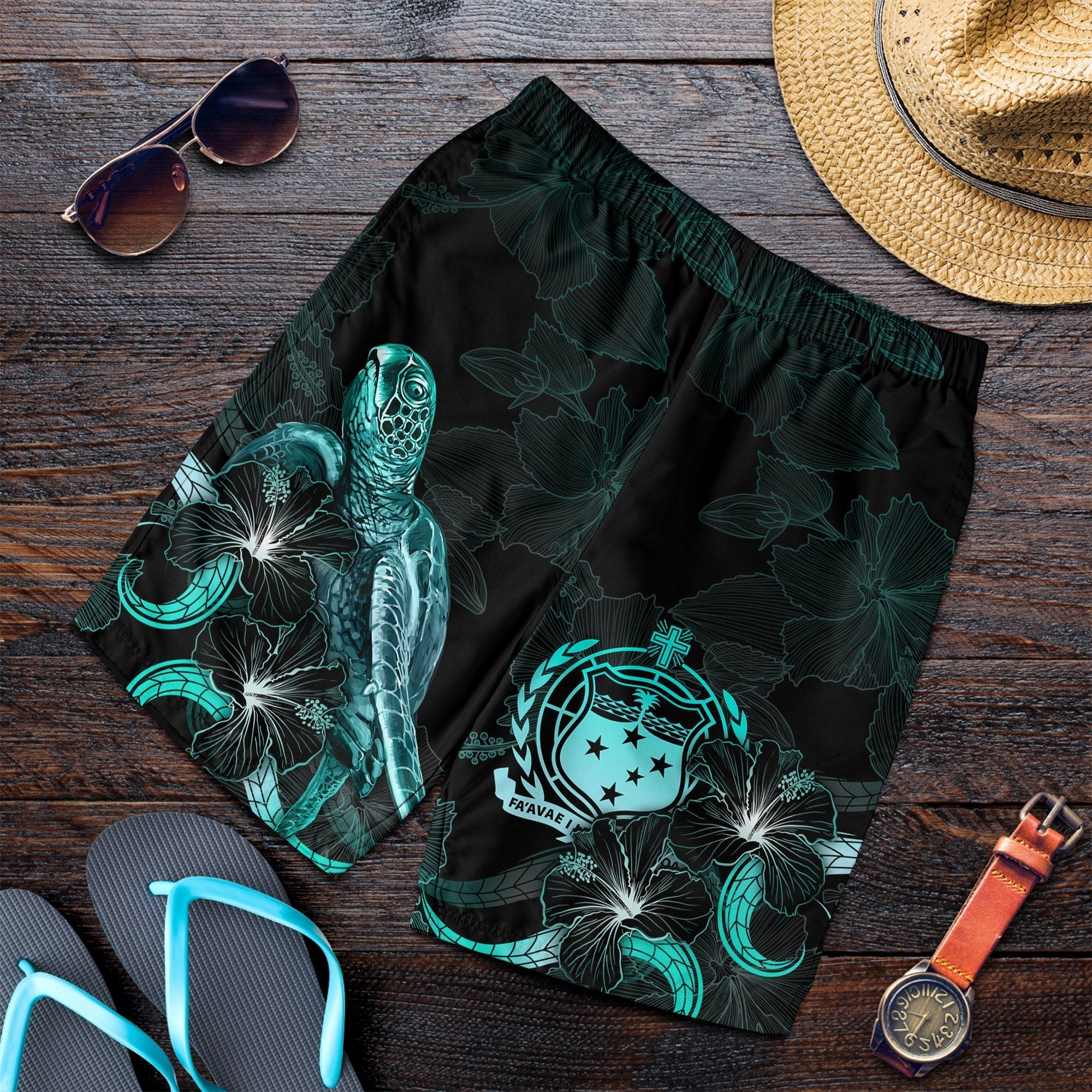 Samoa Polynesian Men's Shorts - Turtle With Blooming Hibiscus Turquoise - Vibe Hoodie Shop