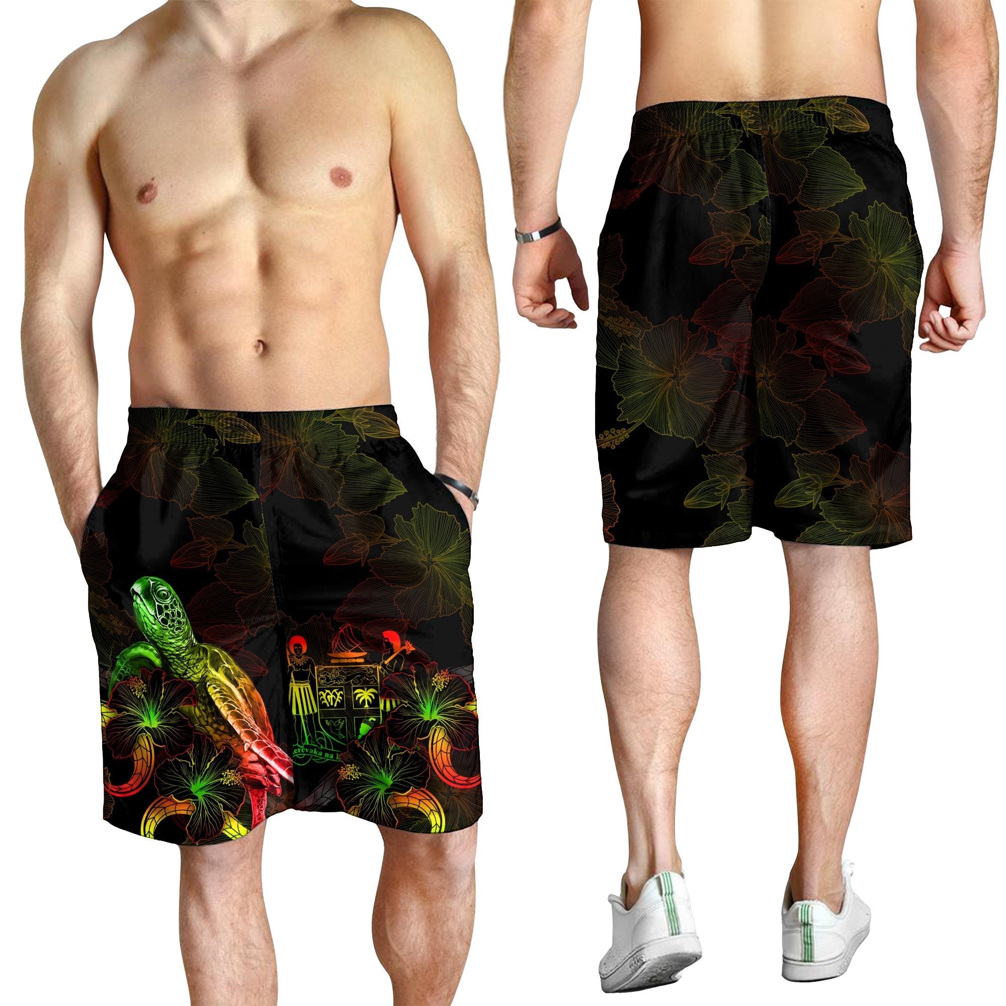 Fiji Polynesian Men's Shorts - Turtle With Blooming Hibiscus Reggae - Vibe Hoodie Shop